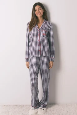 Pijama camiseiro comprido malha suave xadrez