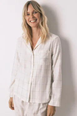 Pijama camiseiro de flanela de algodão branca com estampa xadrez