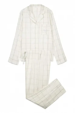 Pijama camiseiro de flanela de algodão branca com estampa xadrez