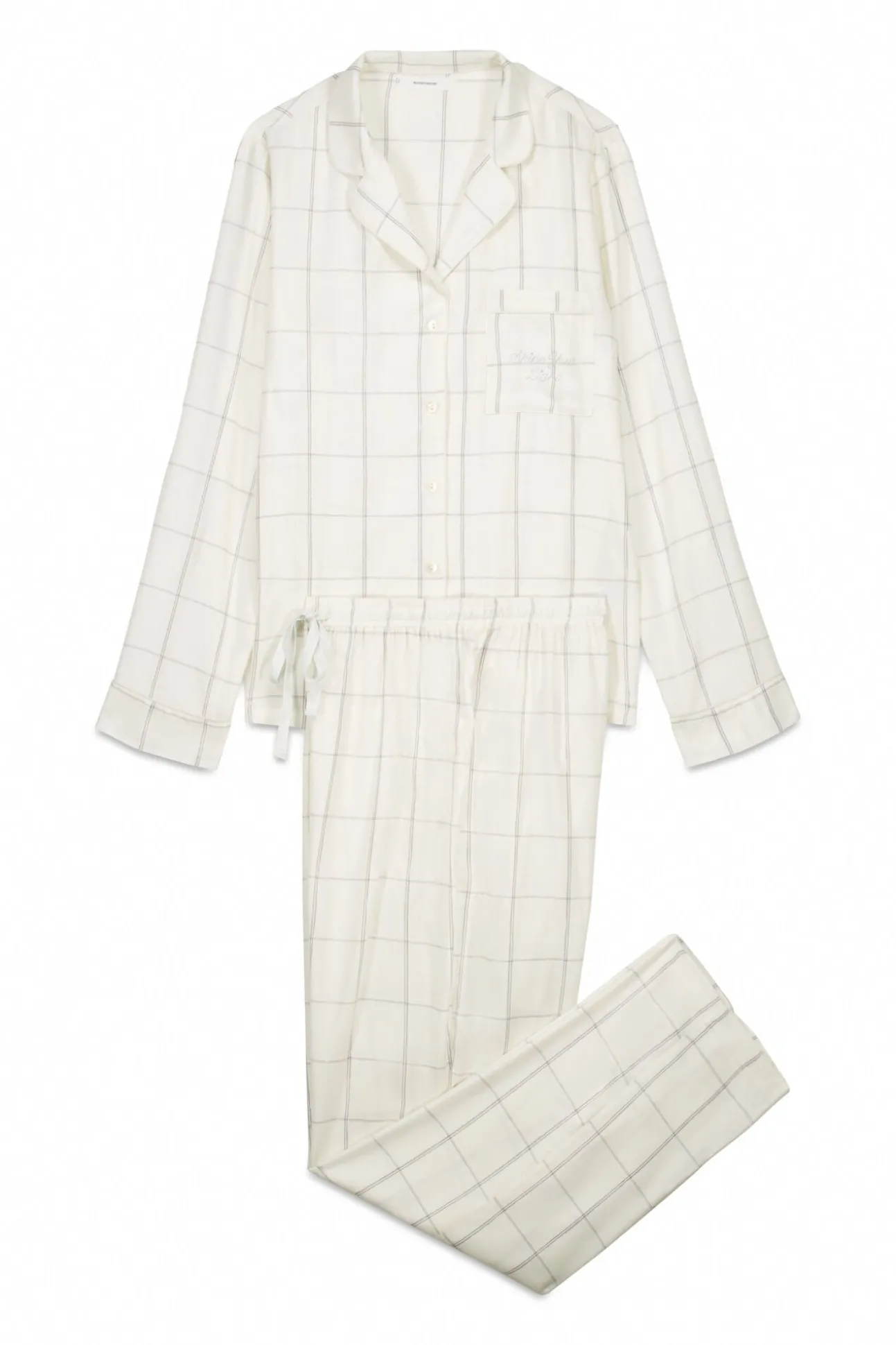 Pijama camiseiro de flanela de algodão branca com estampa xadrez