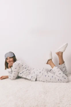 Pijama camiseiro longo 100% algodão cinza com estampa de casa