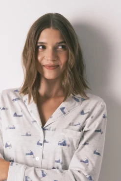 Pijama camiseiro longo 100% algodão cinza com estampa de casa