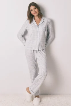Pijama camiseiro longo xadrez com efeito brilhante