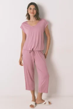 Pijama Capri de viscose rosa com soft touch