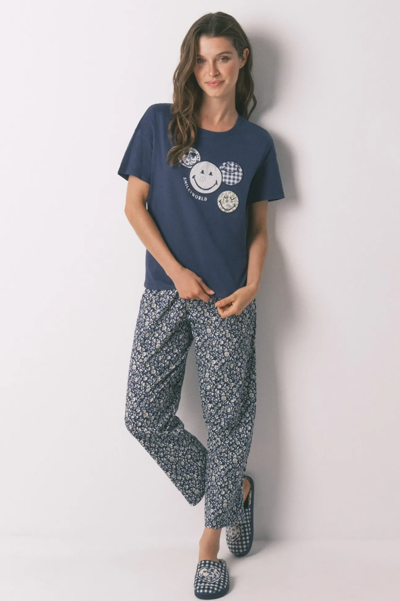 Pijama Capri Smiley azul 100% algodão