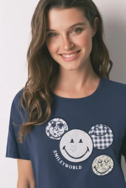 Pijama Capri Smiley azul 100% algodão