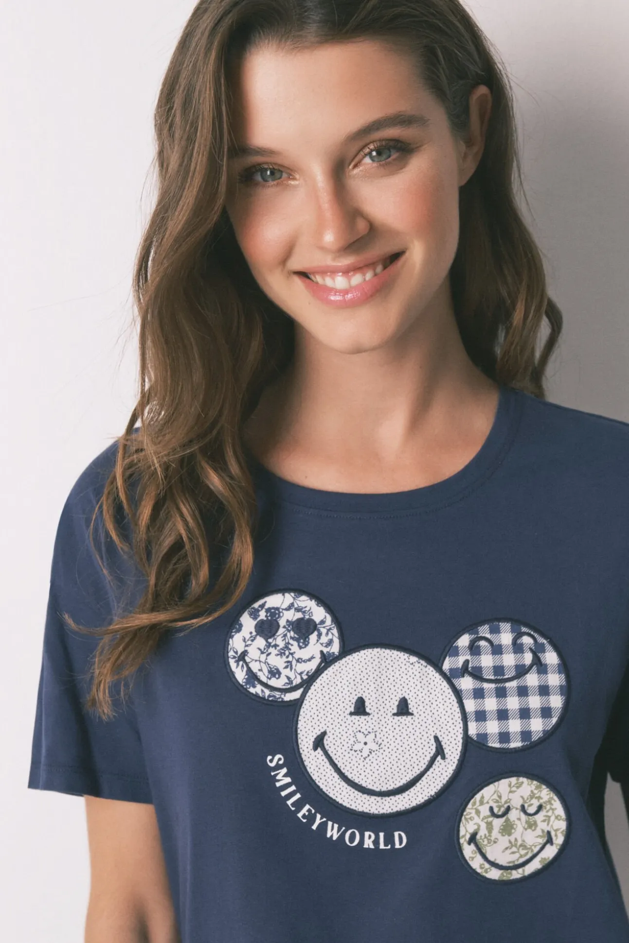 Pijama Capri Smiley azul 100% algodão