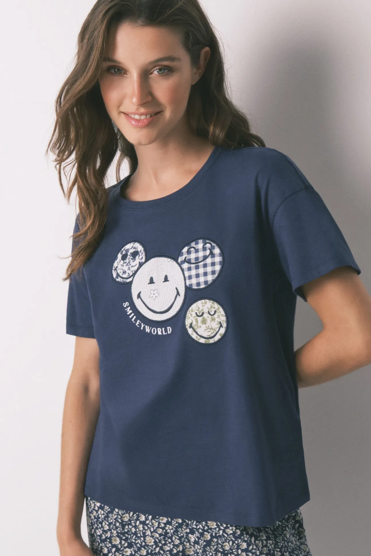 Pijama Capri Smiley azul 100% algodão