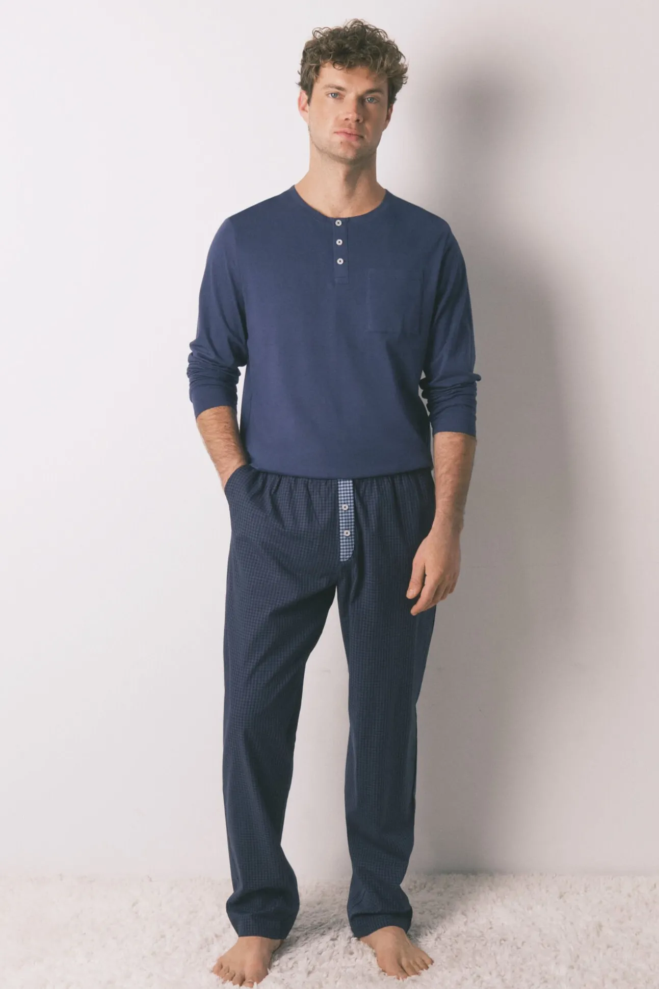 Pijama comprido, 100% algodão, xadrez azul