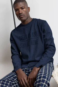 Pijama comprido azul xadrez para homem