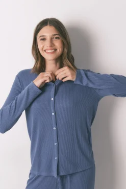 Pijama comprido canalé com efeito brilho azul