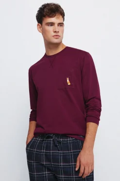 Pijama comprido com calça fannel xadrez grená