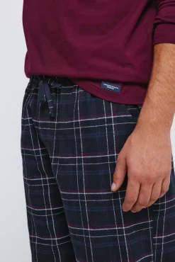 Pijama comprido com calça fannel xadrez grená