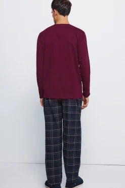 Pijama comprido com calça fannel xadrez grená