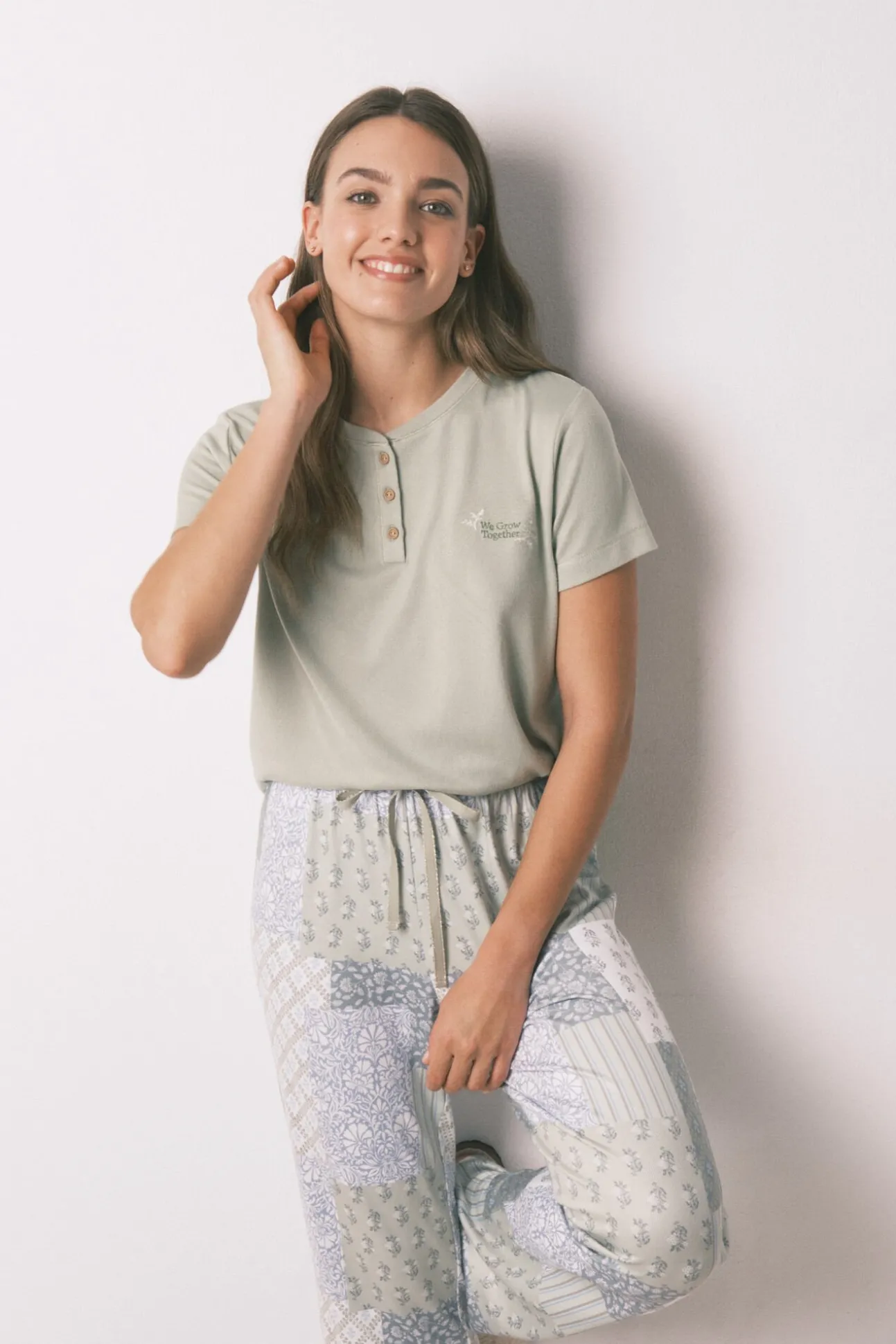 Pijama comprido de mangas curtas patchwork super macio