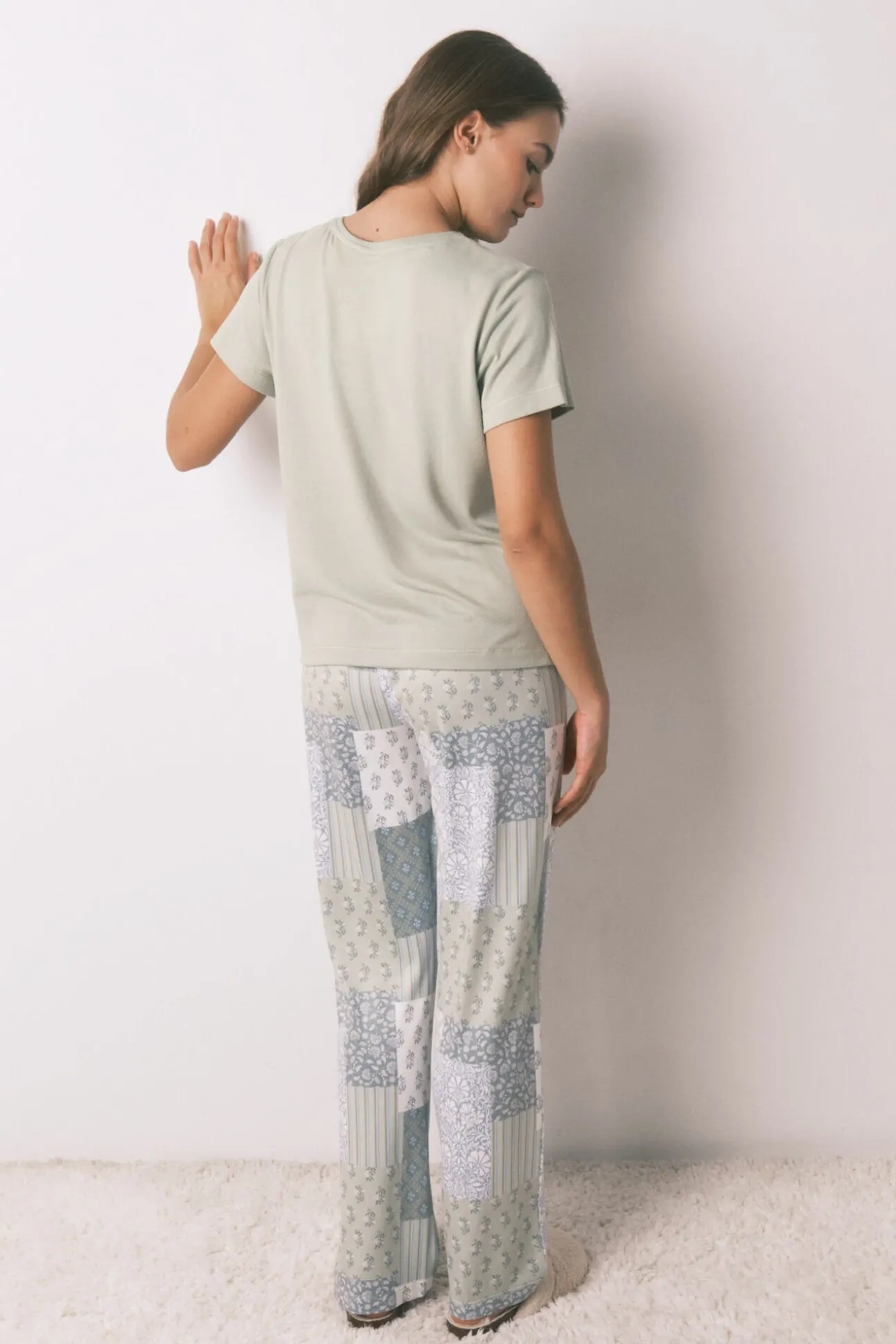 Pijama comprido de mangas curtas patchwork super macio