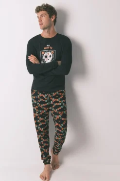 Pijama comprido "Dia dos Mortos" 100% algodão na cor preta