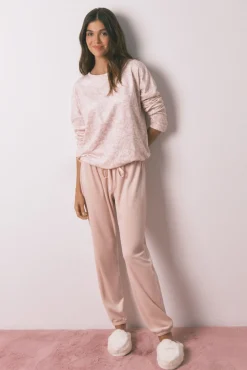 Pijama comprido em veludo rosa suave com glitter