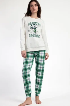 Pijama comprido felpa xadrez 100% algodão Ski Mickey