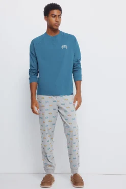 Pijama comprido longo de manga raglan com calça de carro
