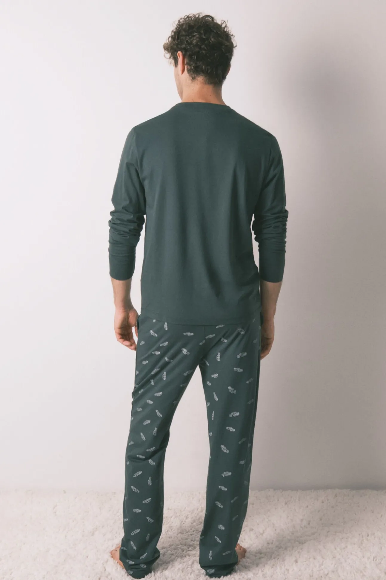 Pijama comprido masculino 100% algodão verde com carros