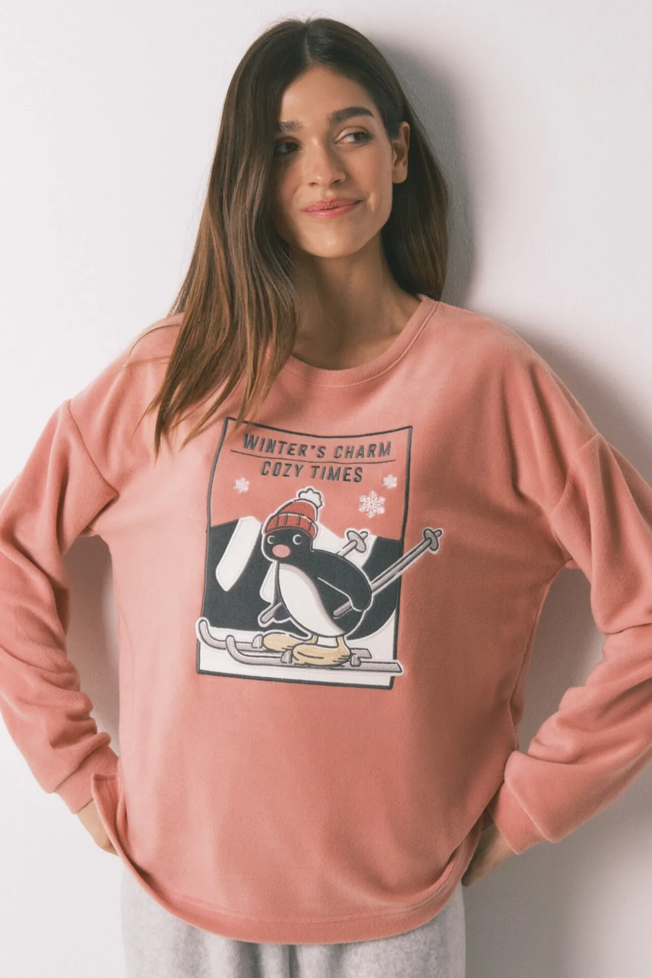 Pijama comprido polar suave rosa e cinzento Pingu