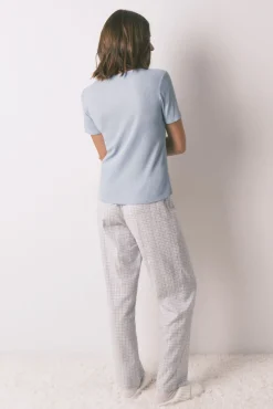 Pijama comprido xadrez efeito brilho azul