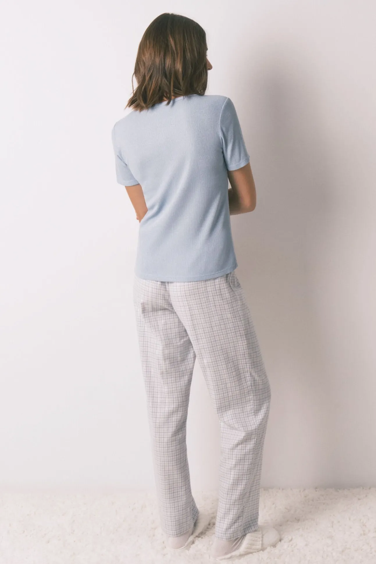 Pijama comprido xadrez efeito brilho azul