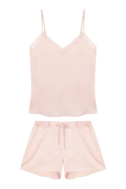 Pijama curto de cetim com renda rosa