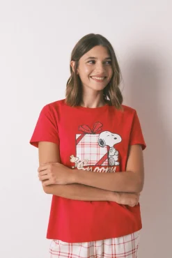 Pijama longo 100% algodão xadrez vermelho Snoopy