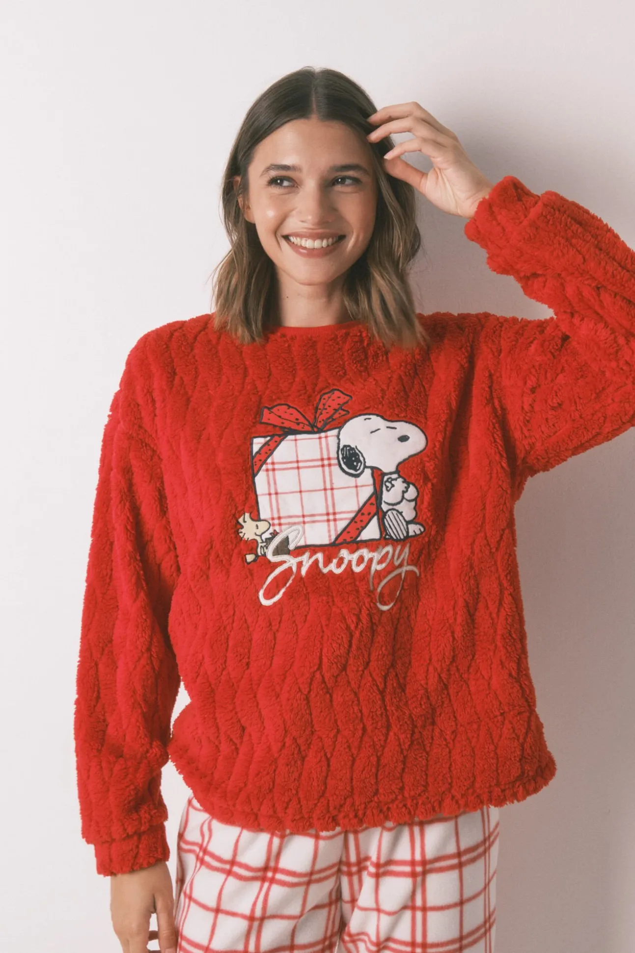 Pijama longo de lã xadrez vermelho Snoopy
