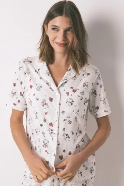 Pijama longo estilo camisa 100% algodão branco Snoopy