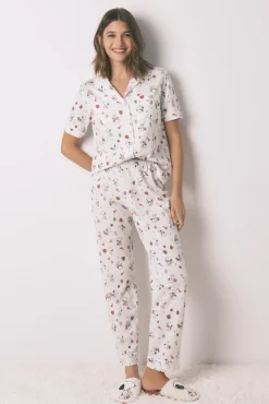 Pijama longo estilo camisa 100% algodão branco Snoopy