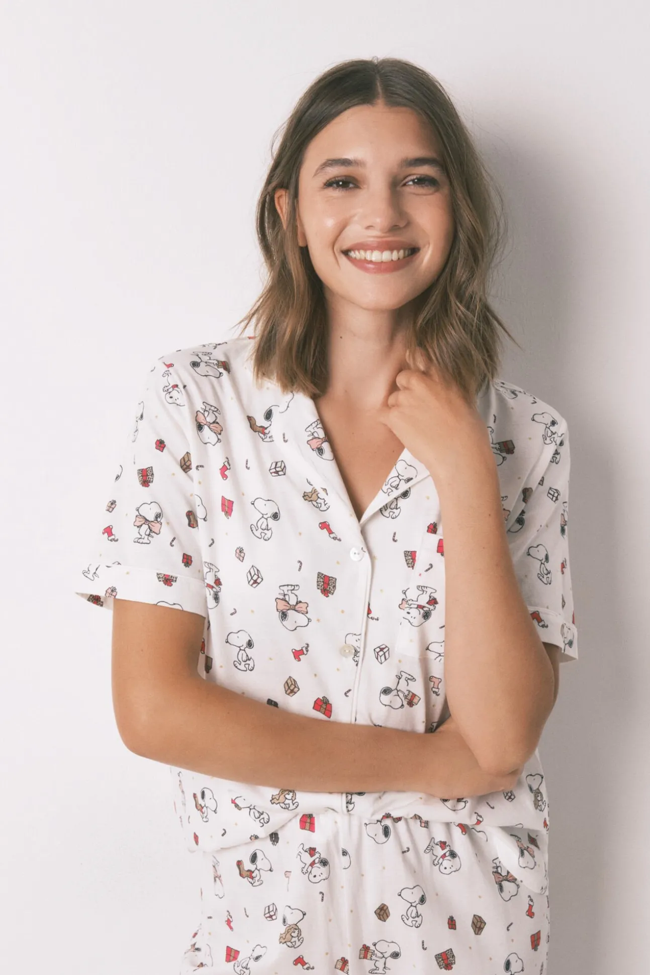Pijama longo estilo camisa 100% algodão branco Snoopy