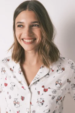 Pijama longo estilo camisa 100% algodão branco Snoopy