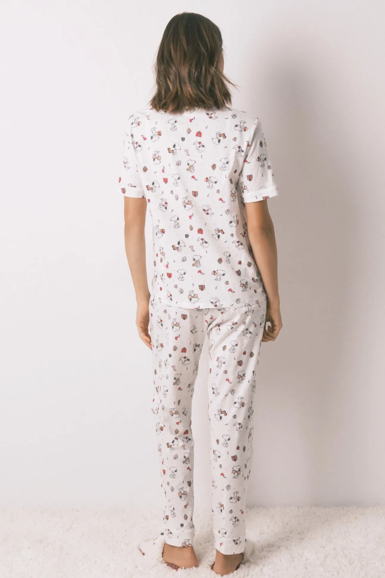 Pijama longo estilo camisa 100% algodão branco Snoopy