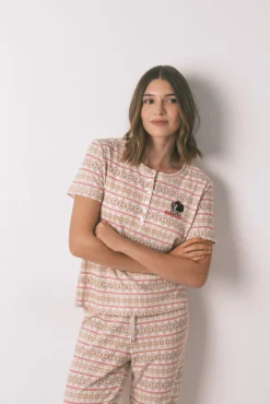 Pijama longo textura waffle felpudo com faixas Mafalda