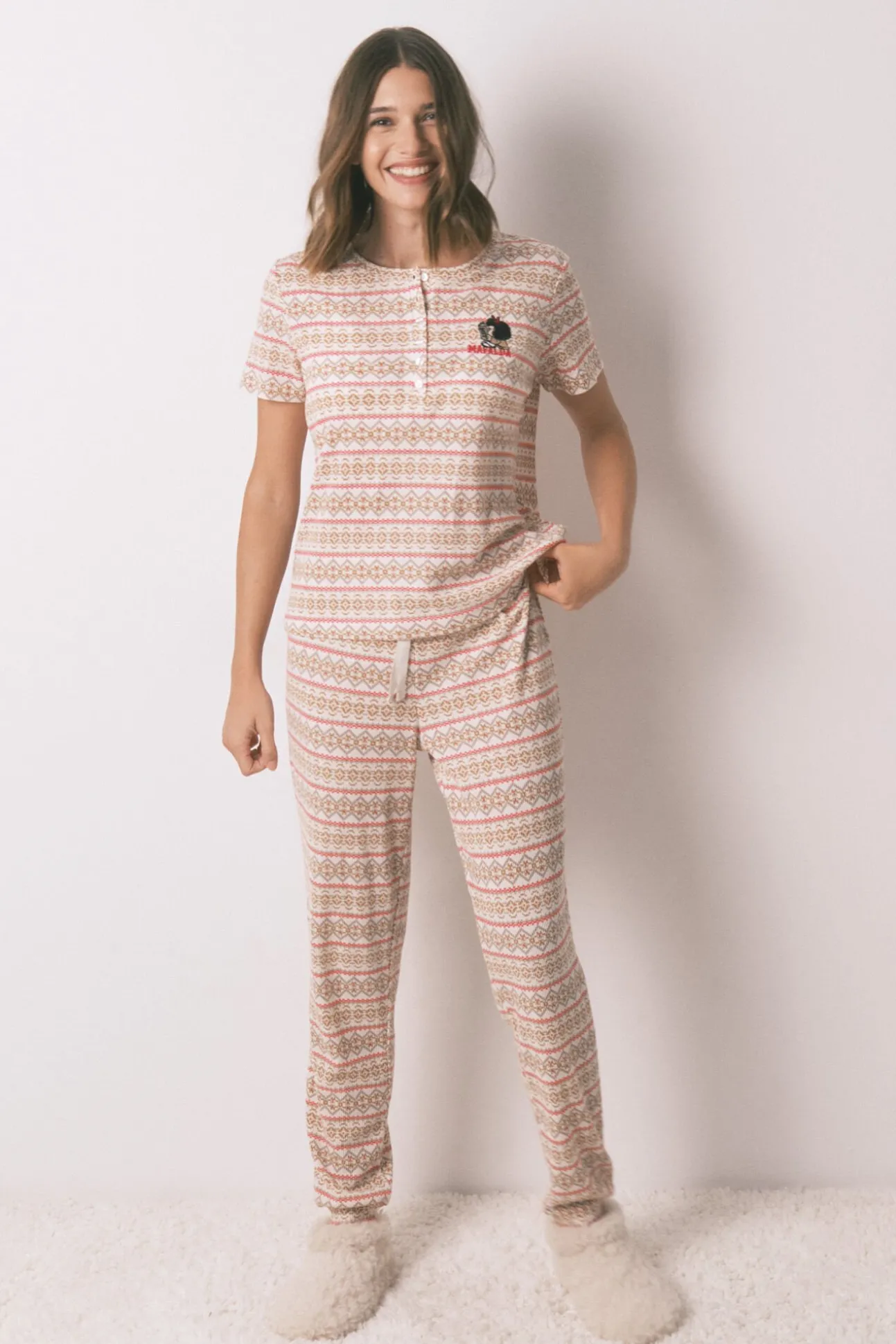 Pijama longo textura waffle felpudo com faixas Mafalda