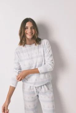 Pijama pijama comprido de malha macia com bordas azuis