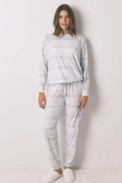 Pijama pijama comprido de malha macia com bordas azuis