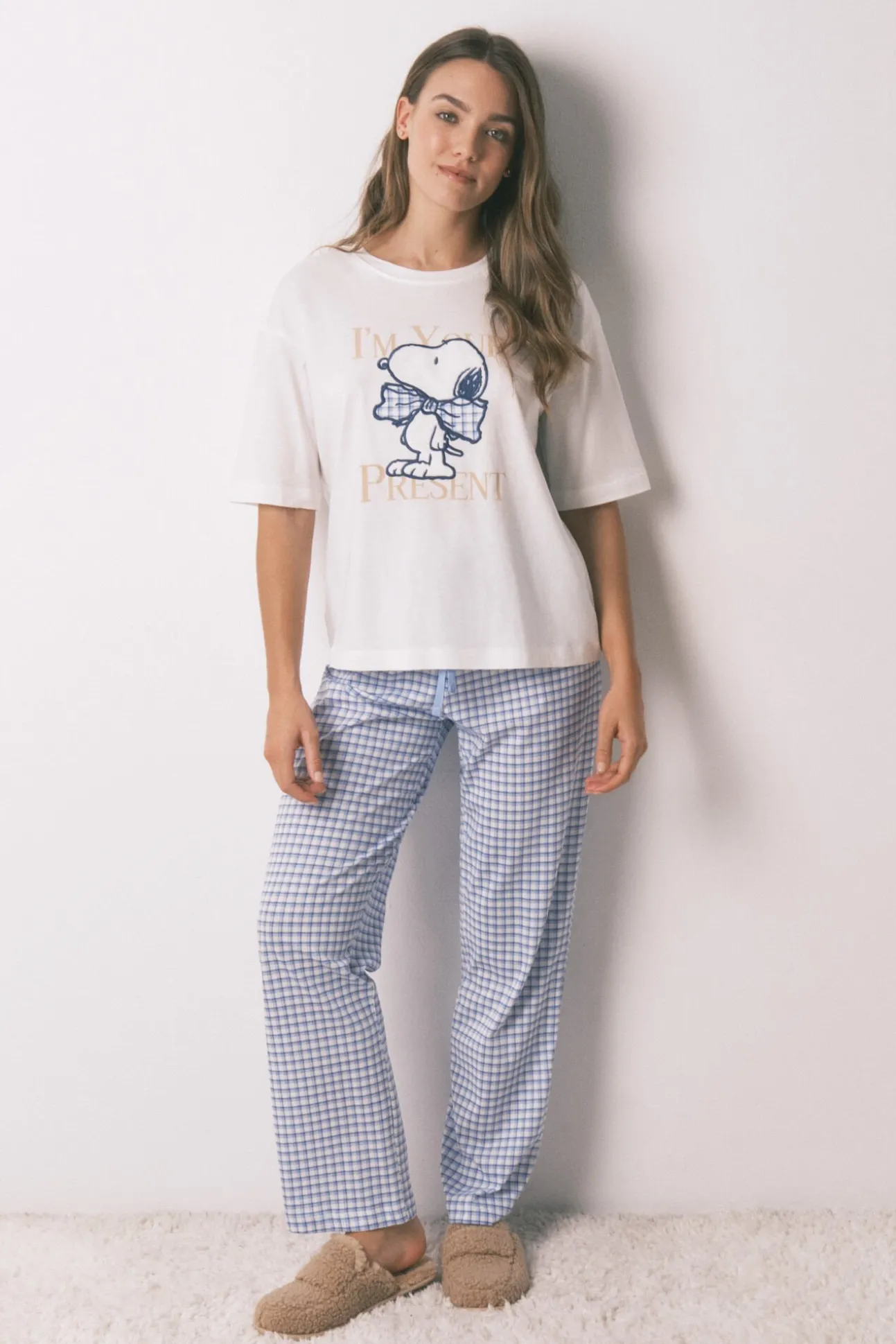 Pijama pijama comprido de algodão Snoopy Vichy de manga manga