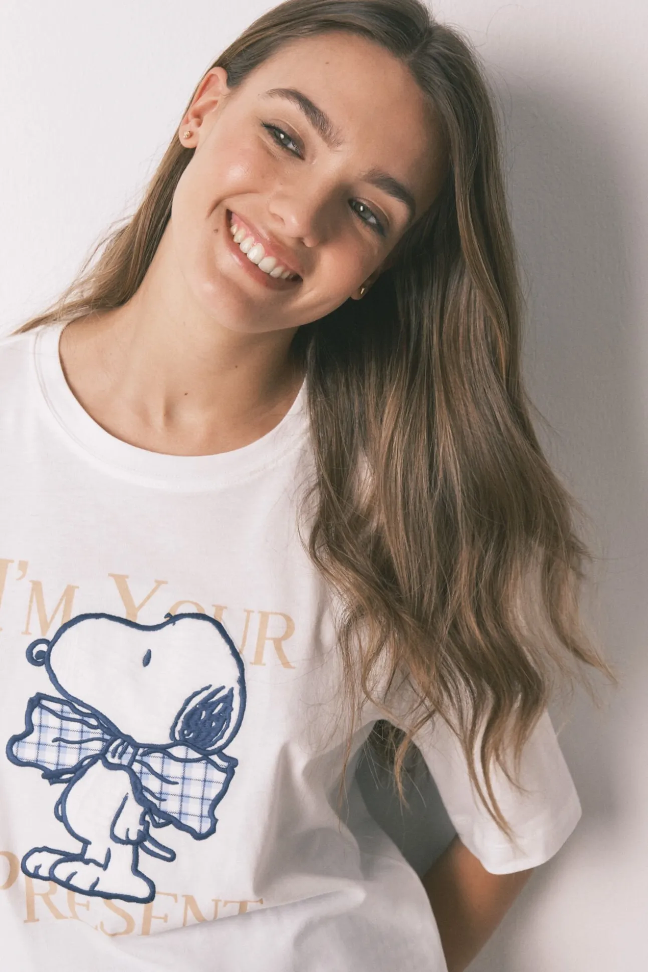 Pijama pijama comprido de algodão Snoopy Vichy de manga manga