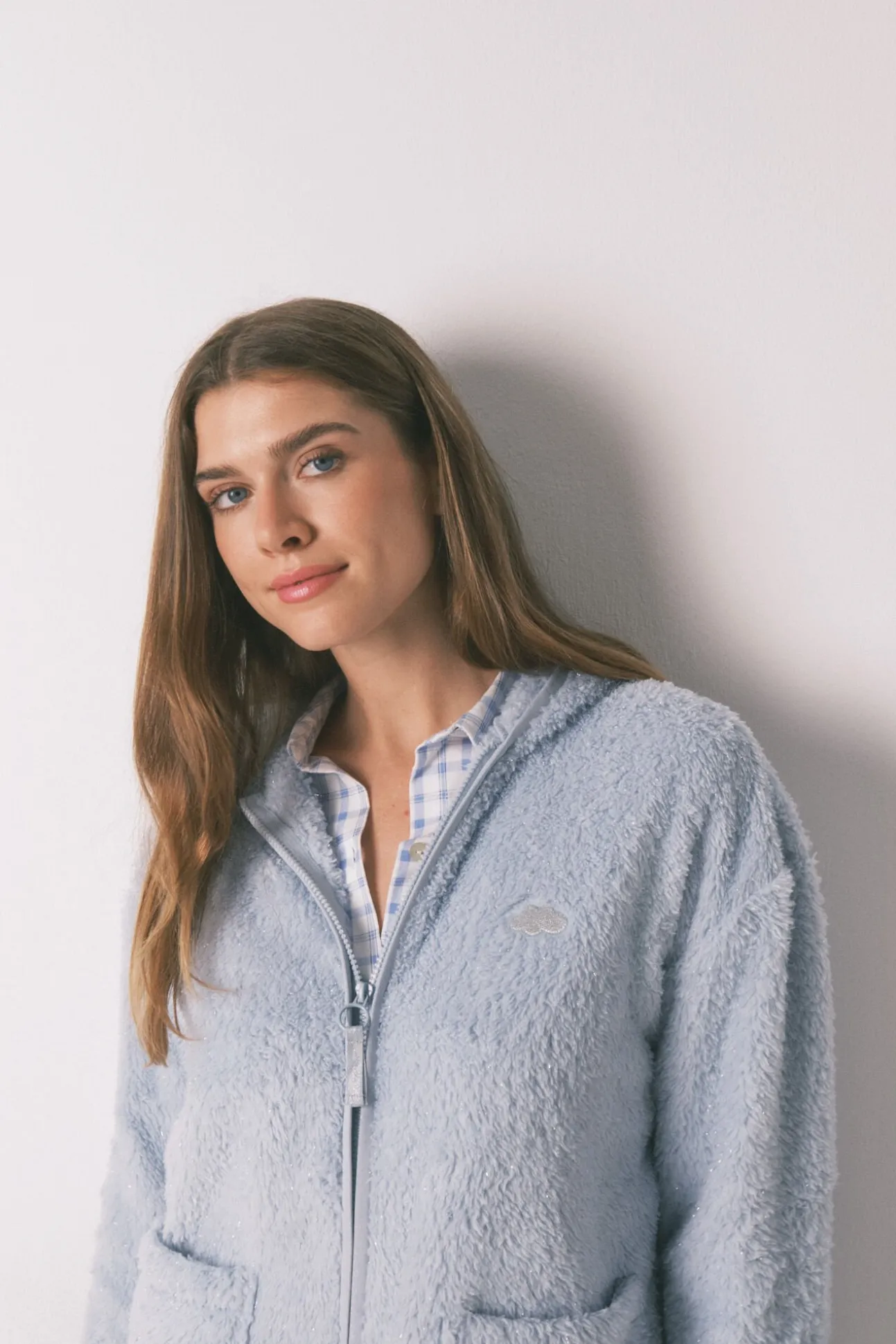 Robe curta de tecido de pelo azul lurex