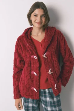 Robe curto polar com capuz suave vermelho