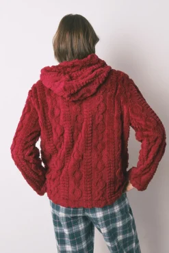 Robe curto polar com capuz suave vermelho