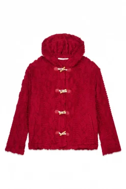 Robe curto polar com capuz suave vermelho