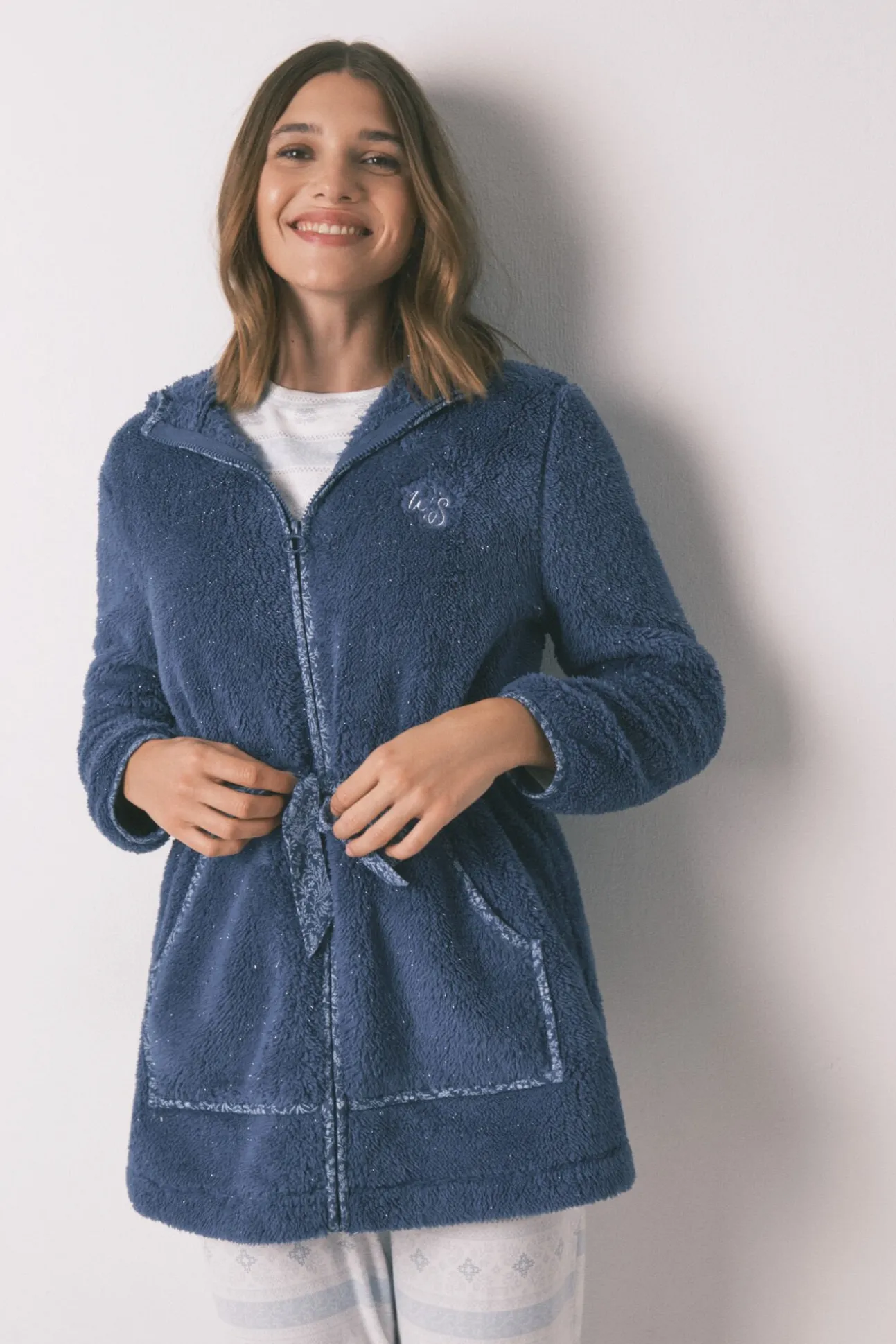 Robe midi com capuz em polar lurex azul