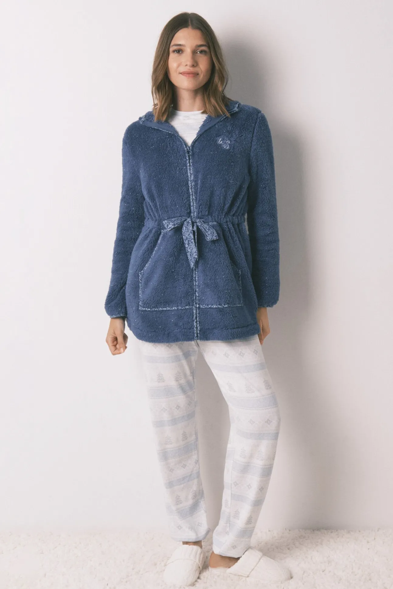 Robe midi com capuz em polar lurex azul