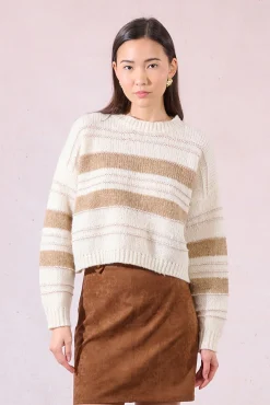 Suéter feminino estampado riscas de manga comprida