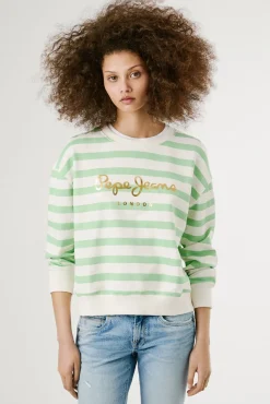 Sweatshirt riscas manga comprida com logo frontal